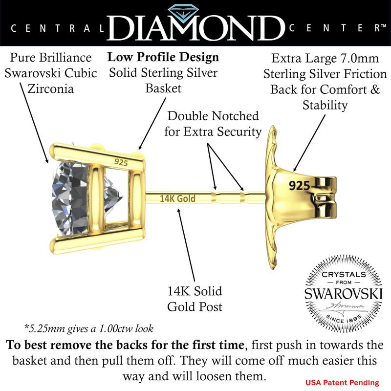Central Diamond Center 14K Solid Gold Post & Sterling Silver Made with Swarovski 4 Prong CZ Stud Earrings - Yellow Gold Plated - 5.25mm - 1.00cttw - Image 2
